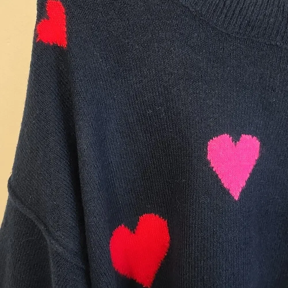 CeCe Heart Pattern Sweater Navy Pink Red Soft Crew Neck Sweater Women S Like New